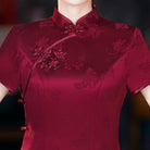 Beth and Brian Qipao-QZYF Floral pattern, acetate satin fabric, wine red midi Cheongsam