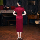 Beth and Brian Qipao-QZYF Floral pattern, acetate satin fabric, wine red midi Cheongsam