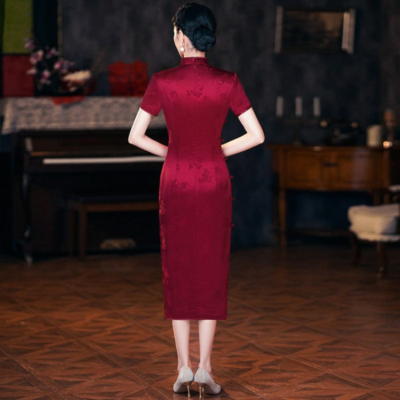 Beth and Brian Qipao-QZYF Floral pattern, acetate satin fabric, wine red midi Cheongsam