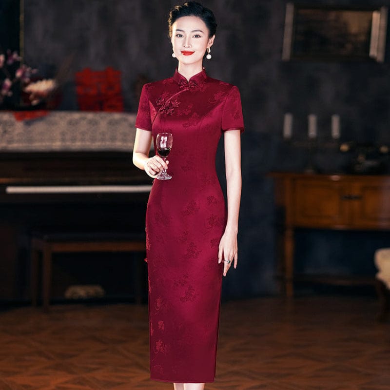 Beth and Brian Qipao-QZYF Floral pattern, acetate satin fabric, wine red midi Cheongsam