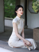 Beth and Brian Qipao-YG Floral pattern, beige midi Cheongsam with raglan sleeves