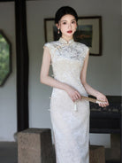 Beth and Brian Qipao-YG Floral pattern, beige midi Cheongsam with raglan sleeves