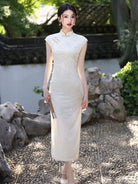 Beth and Brian Qipao-YG Floral pattern, beige midi Cheongsam with raglan sleeves