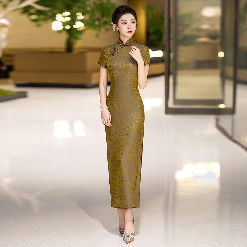Beth and Brian Qipao-WXG 19 mome mulberry silk, high-end, yellow long Cheongsam