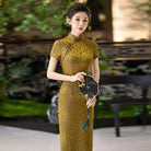Beth and Brian Qipao-WXG 19 mome mulberry silk, high-end, yellow long Cheongsam