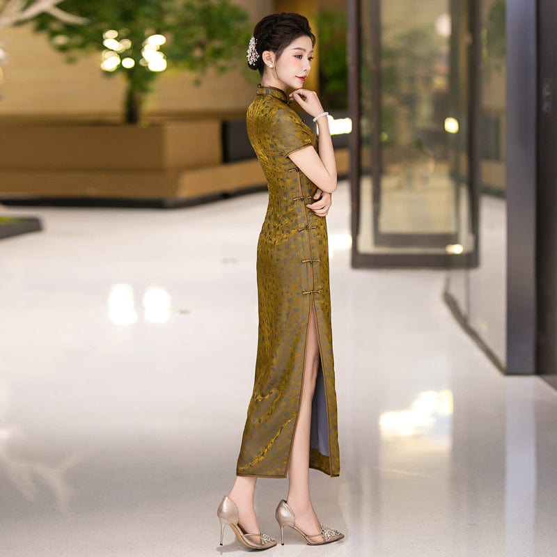 Beth and Brian Qipao-WXG 19 mome mulberry silk, high-end, yellow long Cheongsam