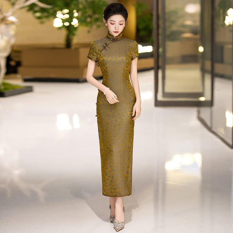 Beth and Brian Qipao-WXG 19 mome mulberry silk, high-end, yellow long Cheongsam