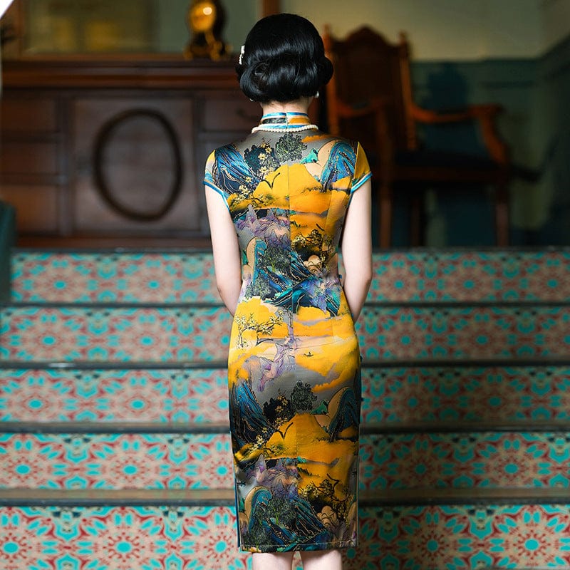 Beth and Brian Qipao-WXG High-end, 19 mome mulberry silk, thousand Miles of Mountains midi Cheongsam