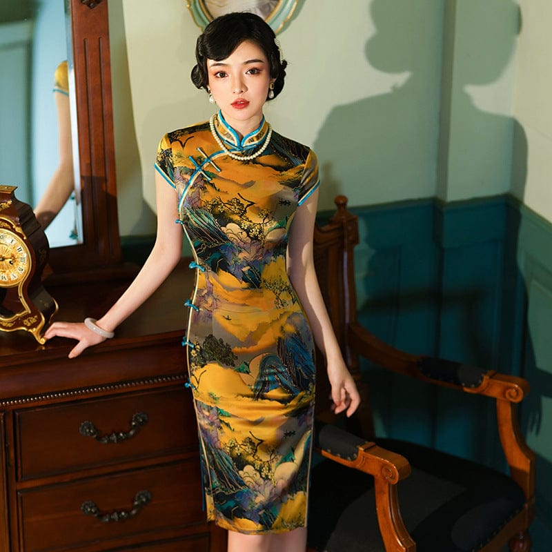 Beth and Brian Qipao-WXG High-end, 19 mome mulberry silk, thousand Miles of Mountains midi Cheongsam