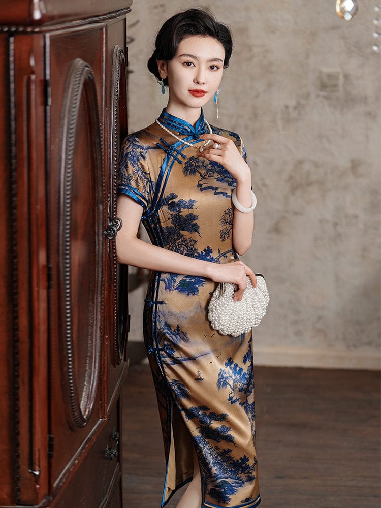 Beth and Brian Qipao-JD 19 mome mulberry silk, high-end, thousand Miles of Mountains midi Cheongsam