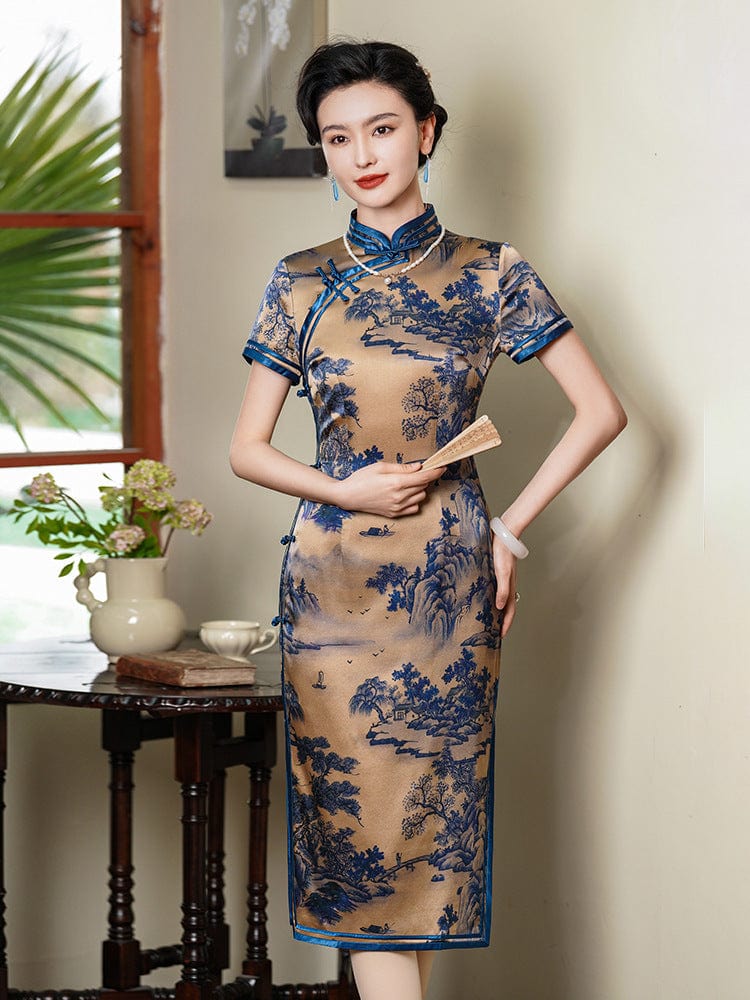 Beth and Brian Qipao-JD 19 mome mulberry silk, high-end, thousand Miles of Mountains midi Cheongsam