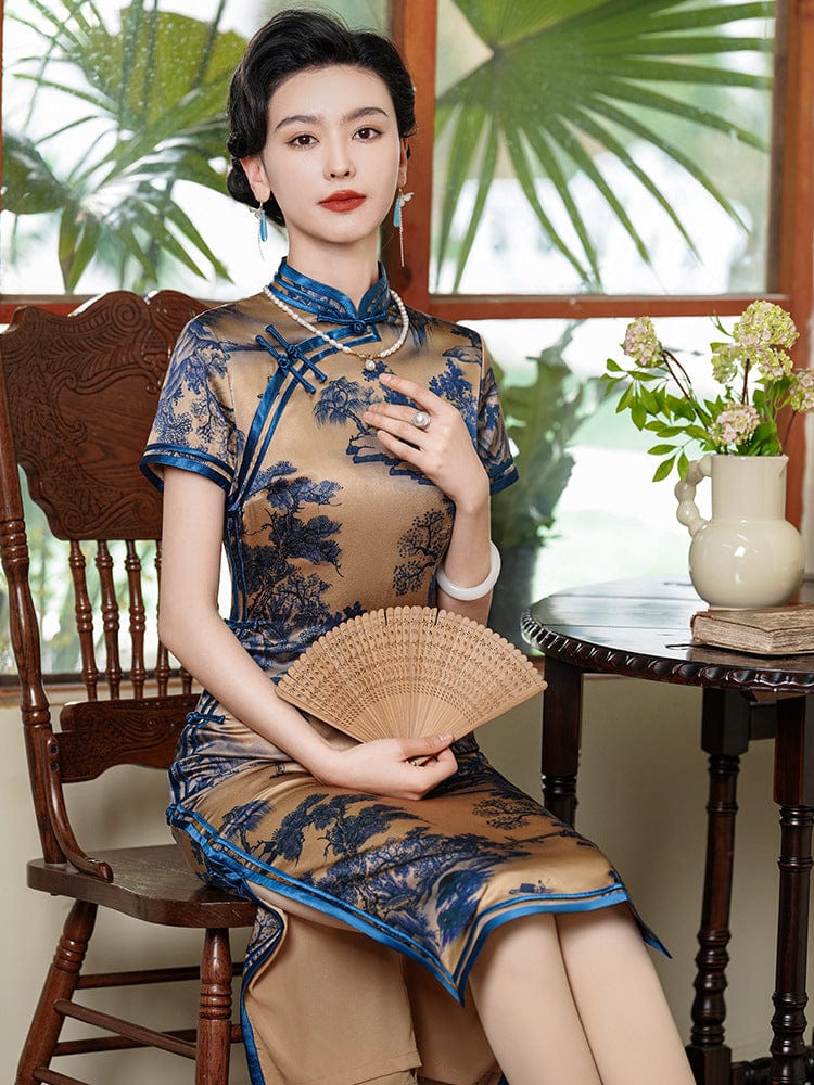 Beth and Brian Qipao-JD 19 mome mulberry silk, high-end, thousand Miles of Mountains midi Cheongsam