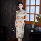 Beth and Brian Qipao-QXY 19 mome mulberry silk, high-end, bamboo leaf pattern, green midi Cheongsam