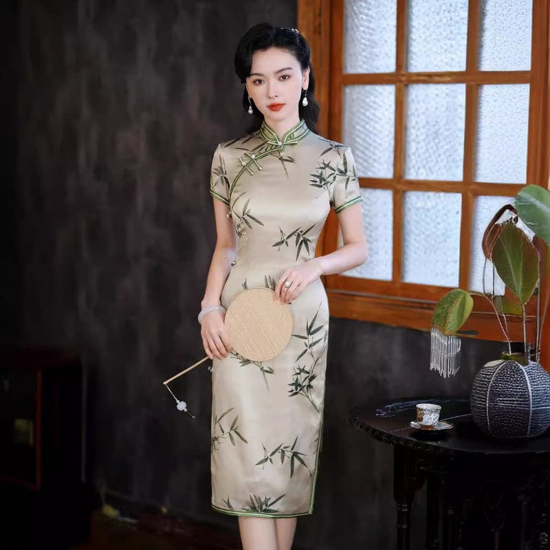 Beth and Brian Qipao-QXY 19 mome mulberry silk, high-end, bamboo leaf pattern, green midi Cheongsam