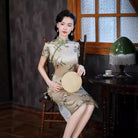 Beth and Brian Qipao-QXY 19 mome mulberry silk, high-end, bamboo leaf pattern, green midi Cheongsam