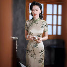 Beth and Brian Qipao-QXY 19 mome mulberry silk, high-end, bamboo leaf pattern, green midi Cheongsam