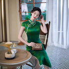Beth and Brian Qipao-QXY Old Shanghai style, 19 mome mulberry silk,  high-end green long Cheongsam