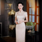 Beth and Brian Qipao-QXY Floral pattern, acetate fabric, beige long Cheongsam