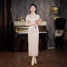 Beth and Brian Qipao-QXY Floral pattern, acetate fabric, beige long Cheongsam