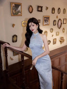 Beth and Brian Qipao-TMX Floral pattern, New Chinese style(新中式), pink&blue midi Cheongsam