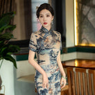 Beth and Brian Qipao-SYG Chinese ink painting, blue long Cheongsam for mother