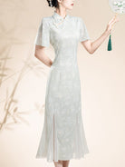 Beth and Brian Qipao-KB Floral pattern, green lace mid-length Qipao