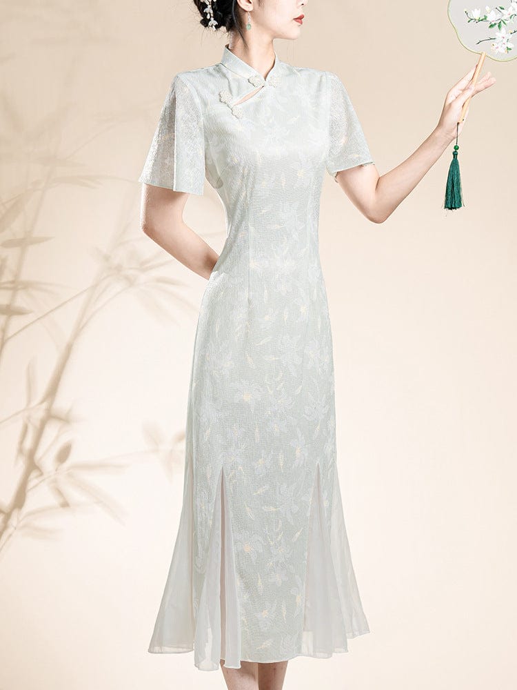 Beth and Brian Qipao-KB Floral pattern, green lace mid-length Qipao