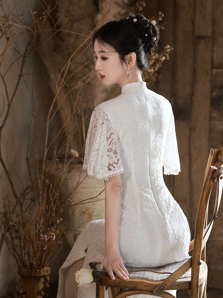 Beth and Brian Qipao - ZZZH Floral pattern, lace white mid-length&long Cheongsam