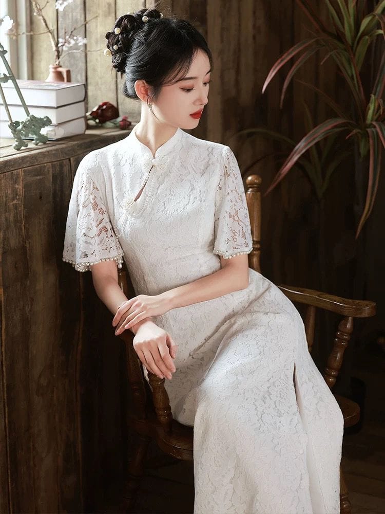 Beth and Brian Qipao - ZZZH Floral pattern, lace white mid-length&long Cheongsam