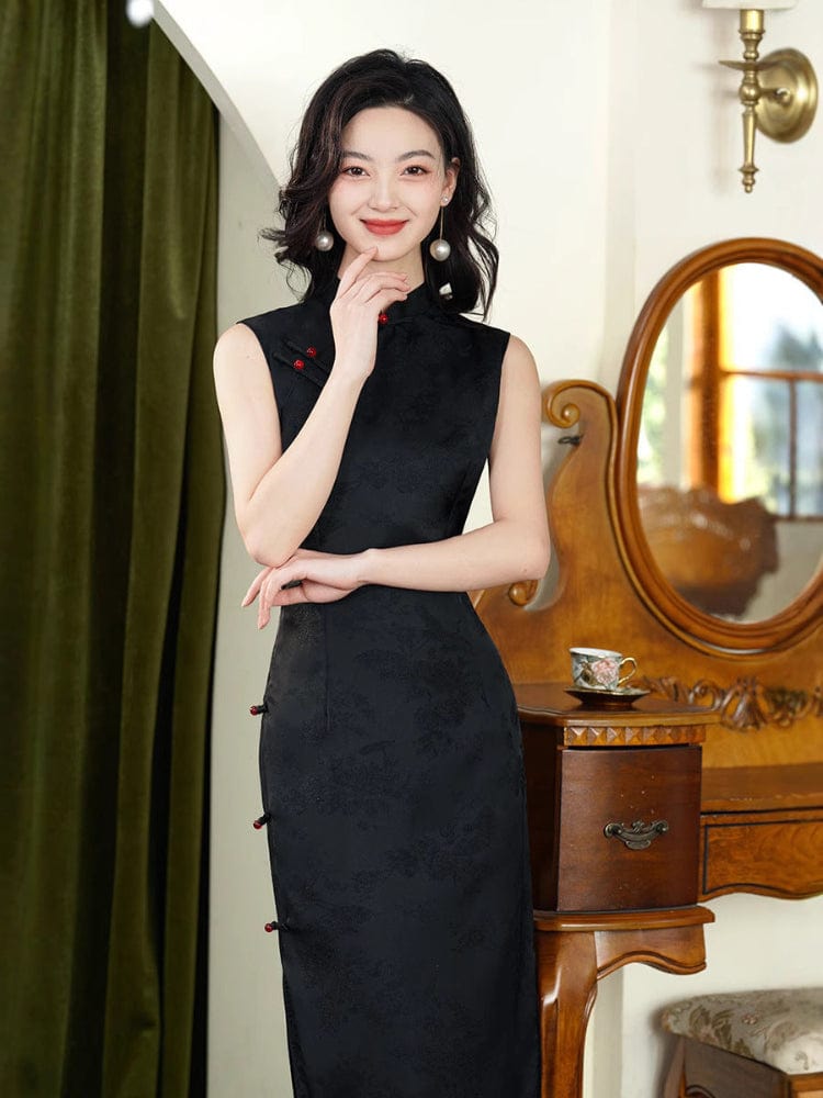 Beth and Brian Qipao-XWC New Chinese style (新中式), sleeveless black long Cheongsam