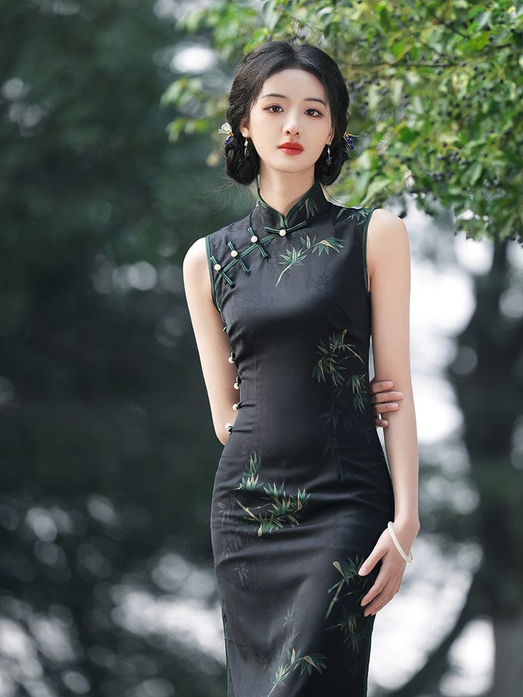 Beth and Brian Qipao-MYJ New Chinese style (新中式), bamboo pattern, sleeveless midi Cheongsam