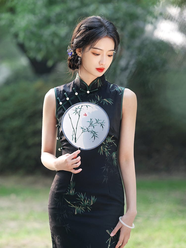 Beth and Brian Qipao-MYJ New Chinese style (新中式), bamboo pattern, sleeveless midi Cheongsam