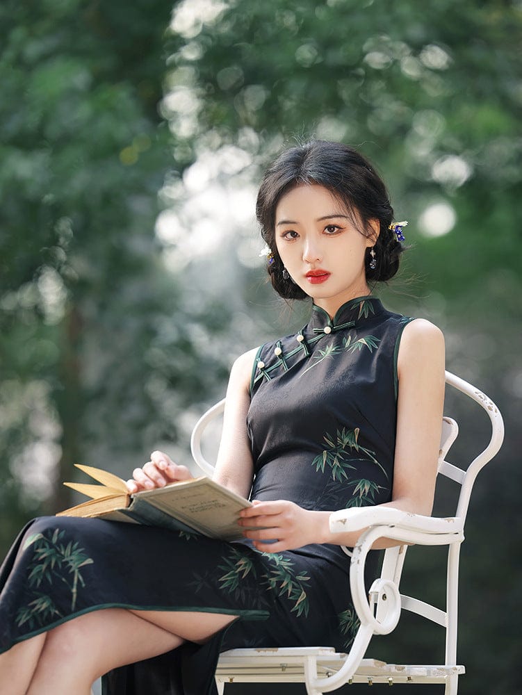 Beth and Brian Qipao-MYJ New Chinese style (新中式), bamboo pattern, sleeveless midi Cheongsam