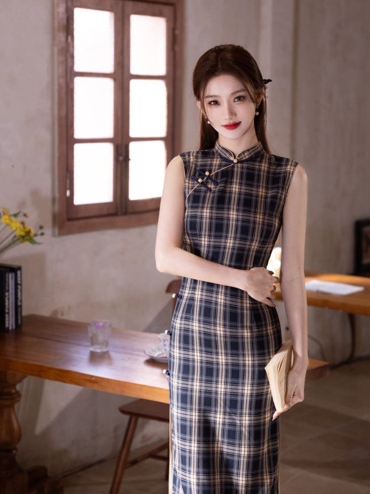 Beth and Brian Qipao-MYJ Sleeveless, plaid pattern, daily midi Cheongsam