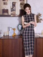 Beth and Brian Qipao-MYJ Sleeveless, plaid pattern, daily midi Cheongsam