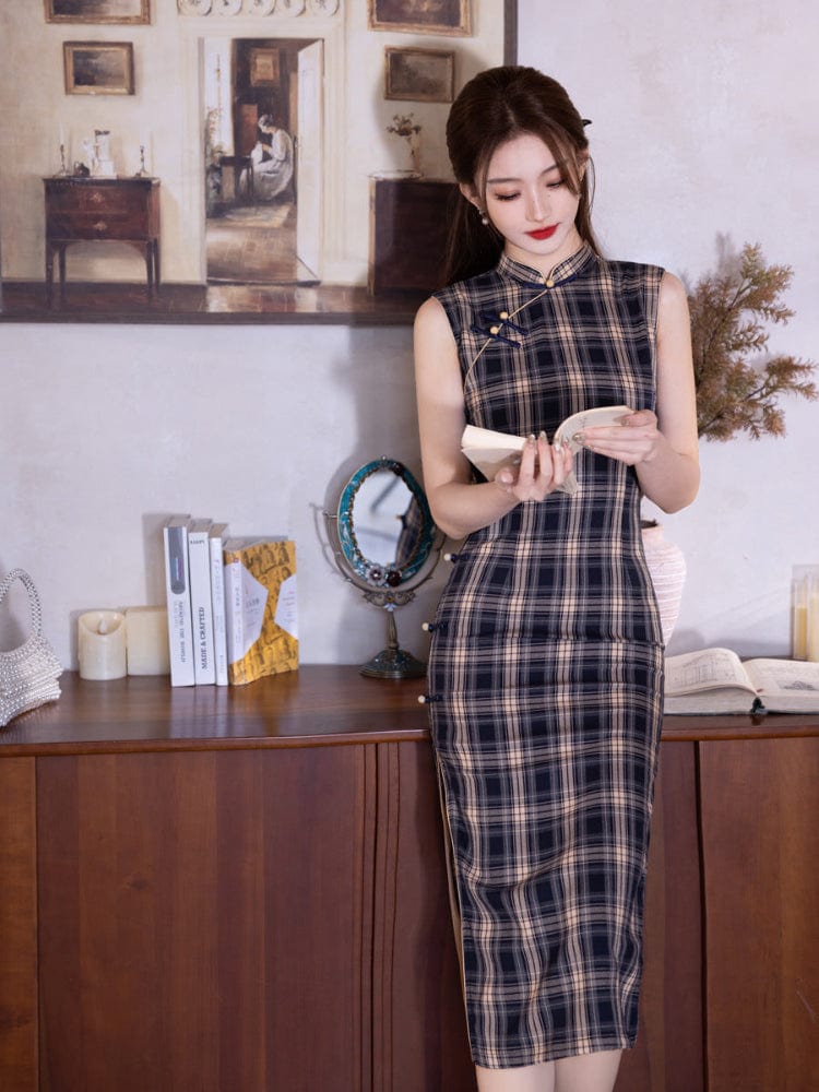 Beth and Brian Qipao-MYJ Sleeveless, plaid pattern, daily midi Cheongsam