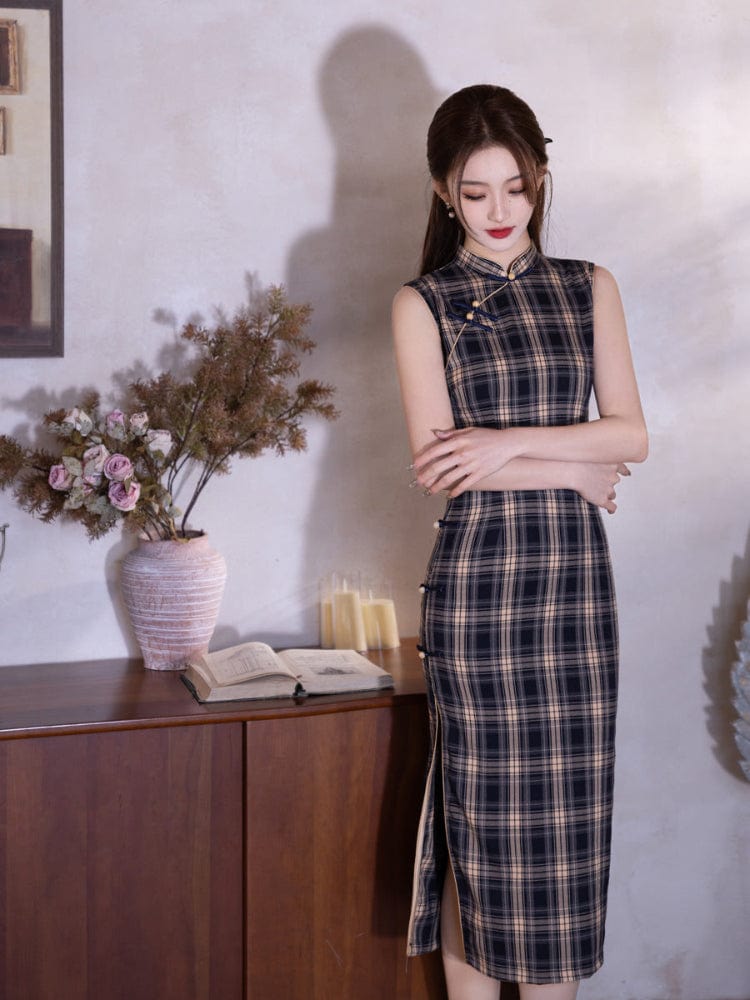 Beth and Brian Qipao-MYJ Sleeveless, plaid pattern, daily midi Cheongsam