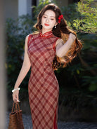 Beth and Brian Qipao-MYJ Old Shanghai style, plaid pattern, red long Cheongsam