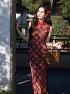 Beth and Brian Qipao-MYJ Old Shanghai style, plaid pattern, red long Cheongsam