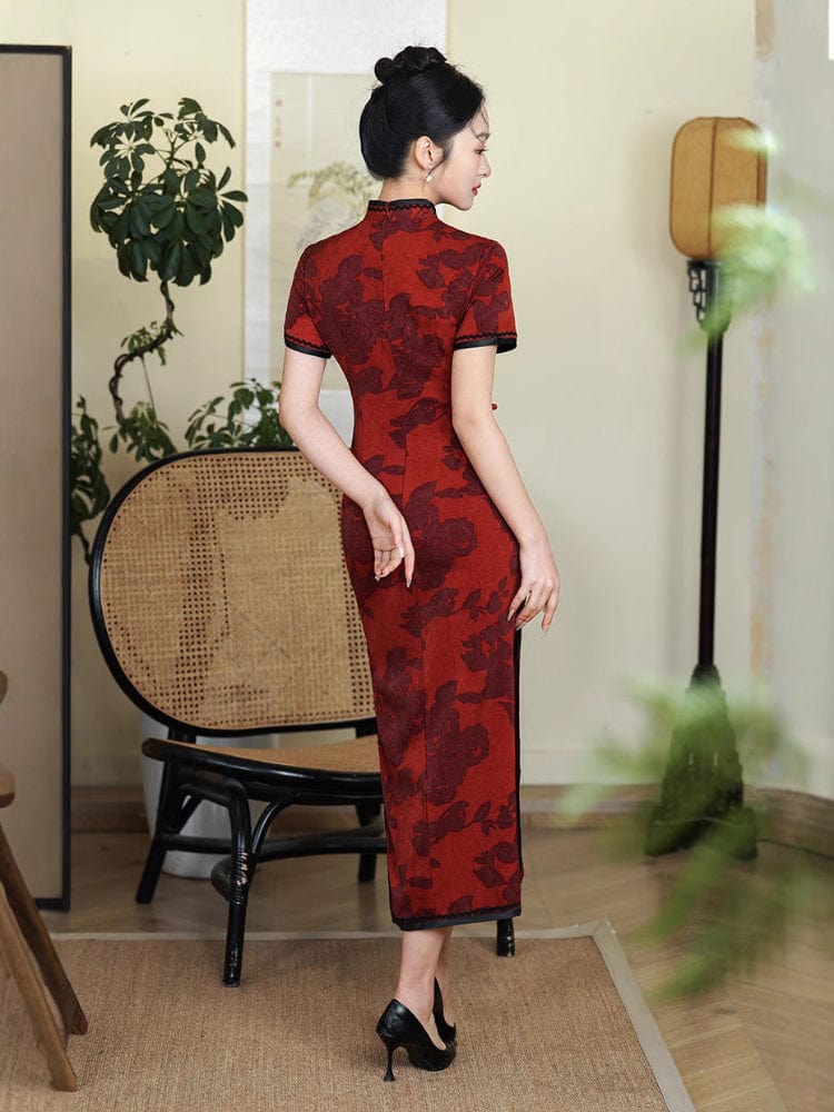 Beth and Brian Qipao-TF Floral pattern, red midi Cheongsam