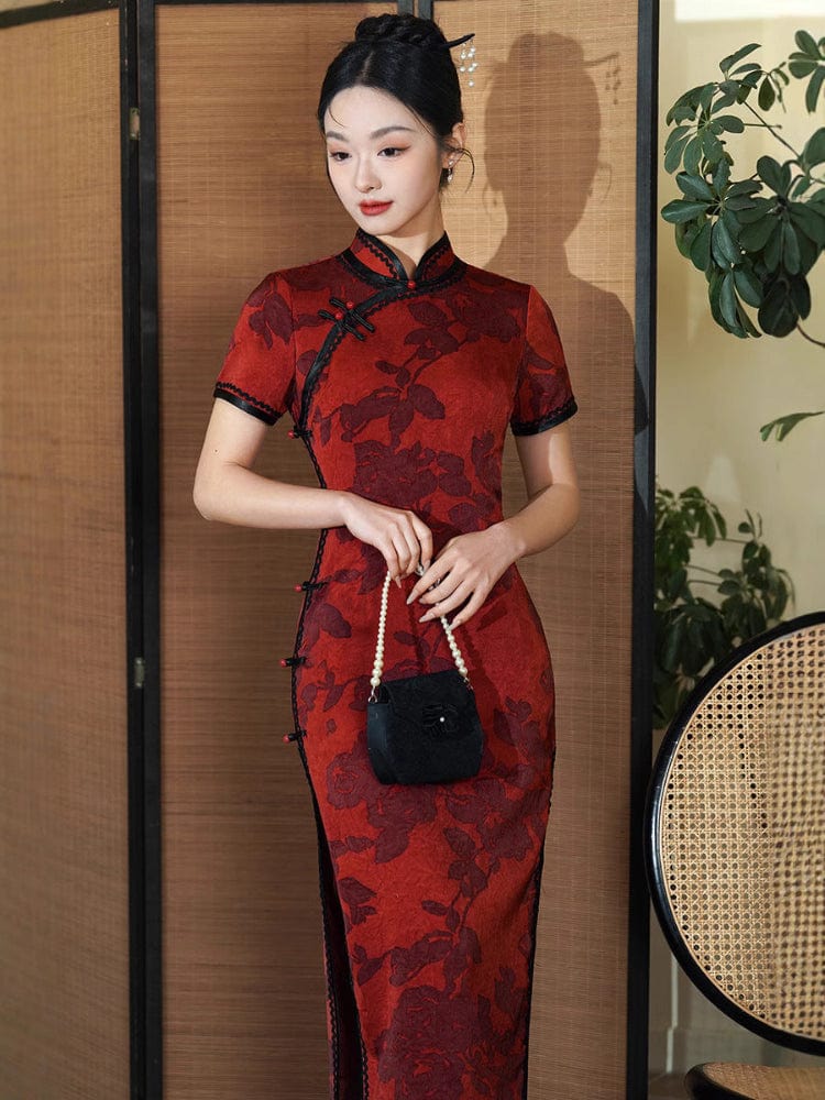 Beth and Brian Qipao-TF Floral pattern, red midi Cheongsam