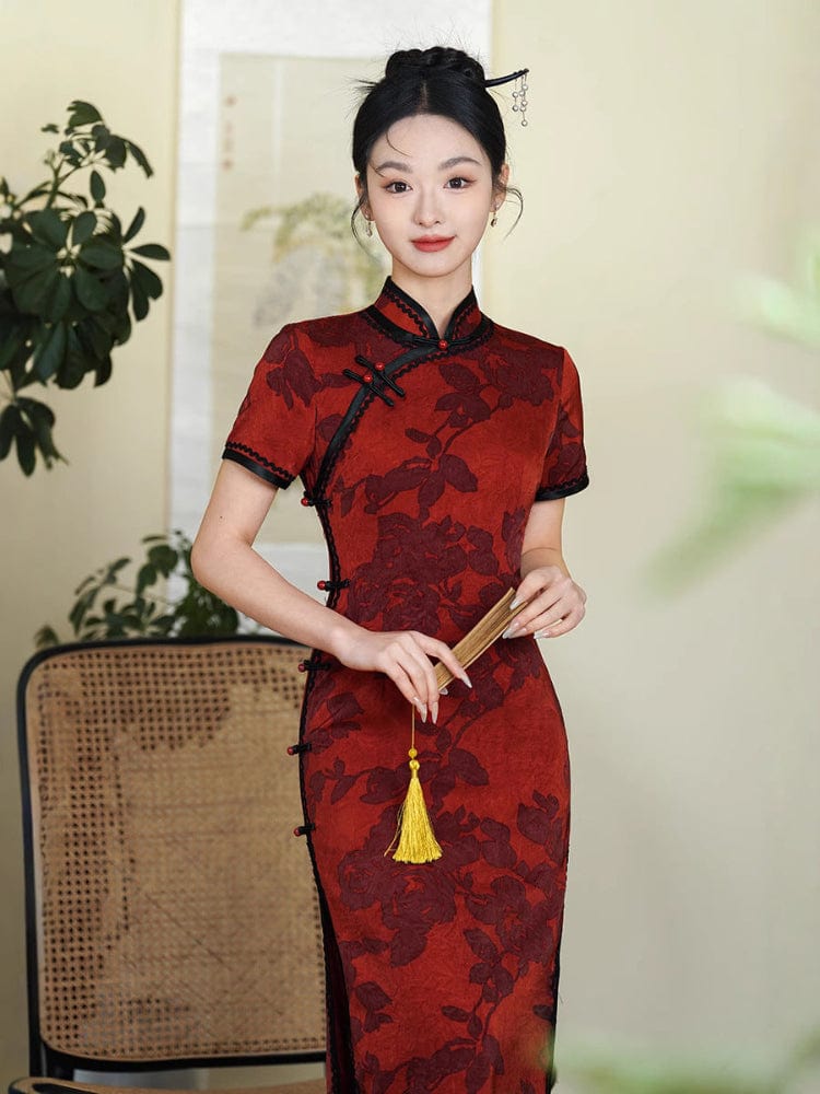Beth and Brian Qipao-TF Floral pattern, red midi Cheongsam