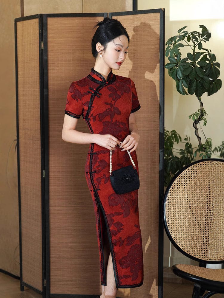 Beth and Brian Qipao-TF Floral pattern, red midi Cheongsam