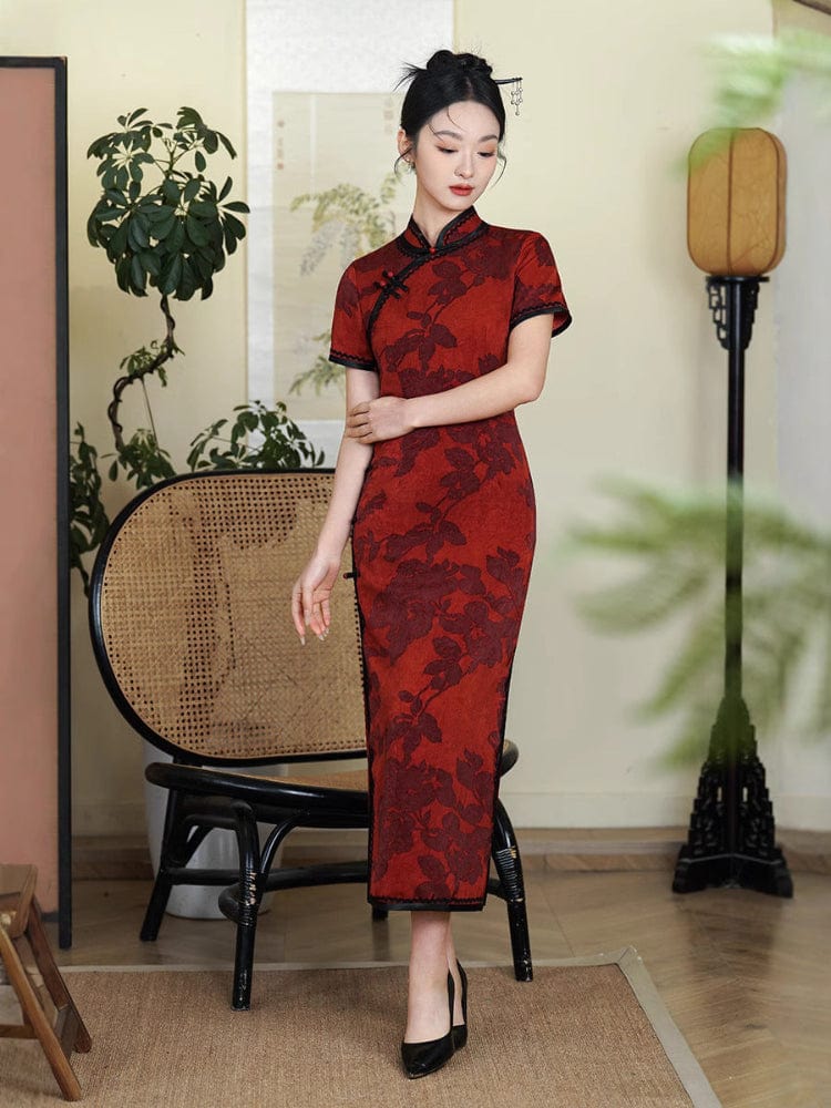 Beth and Brian Qipao-TF Floral pattern, red midi Cheongsam