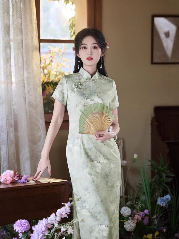 Beth and Brian Qipao-TF Floral pattern, pink&green midi Cheongsam