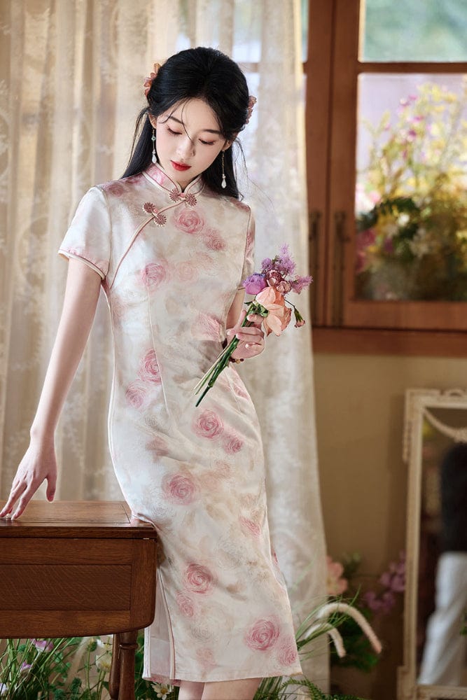 Beth and Brian Qipao-TF Floral pattern, pink&green midi Cheongsam