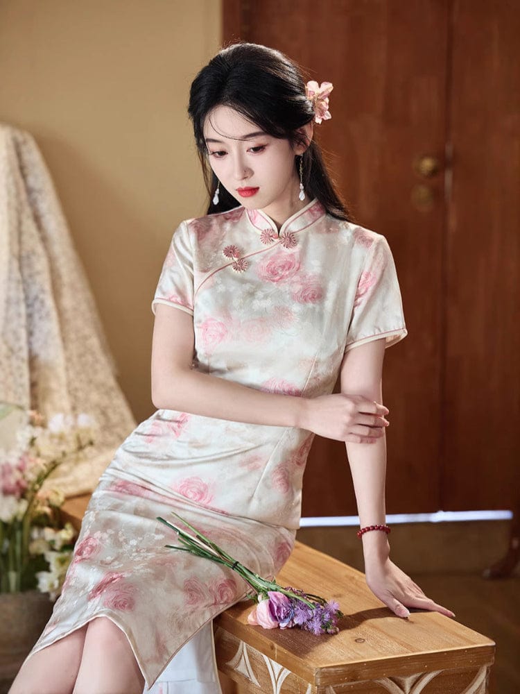 Beth and Brian Qipao-TF Floral pattern, pink&green midi Cheongsam
