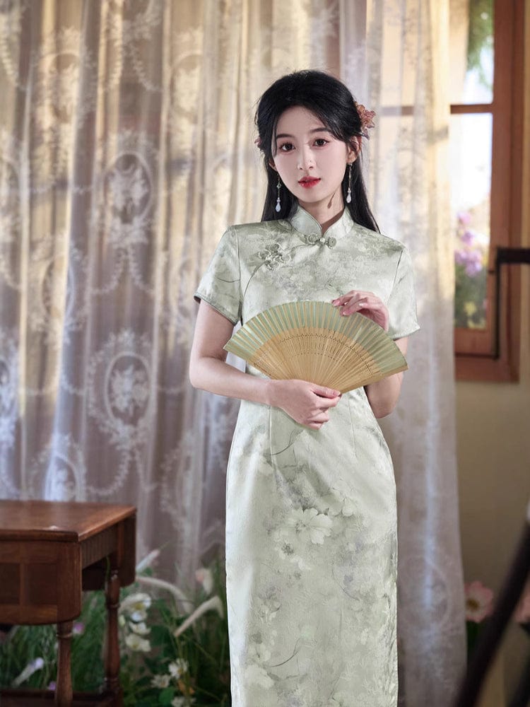 Beth and Brian Qipao-TF Floral pattern, pink&green midi Cheongsam