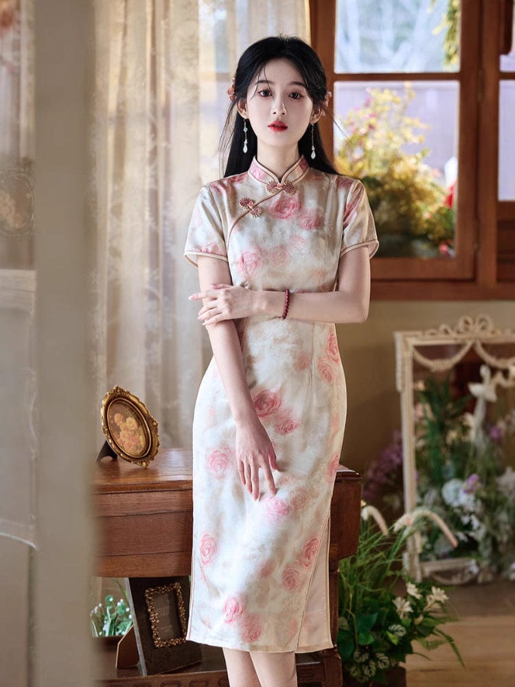 Beth and Brian Qipao-TF Floral pattern, pink&green midi Cheongsam