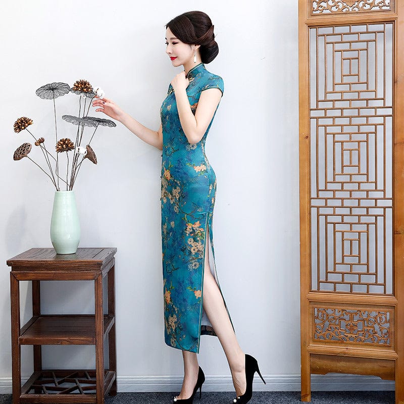 Beth and Brian Qipao-ZQYS Floral pattern, plus size, blue&green long Cheongsam